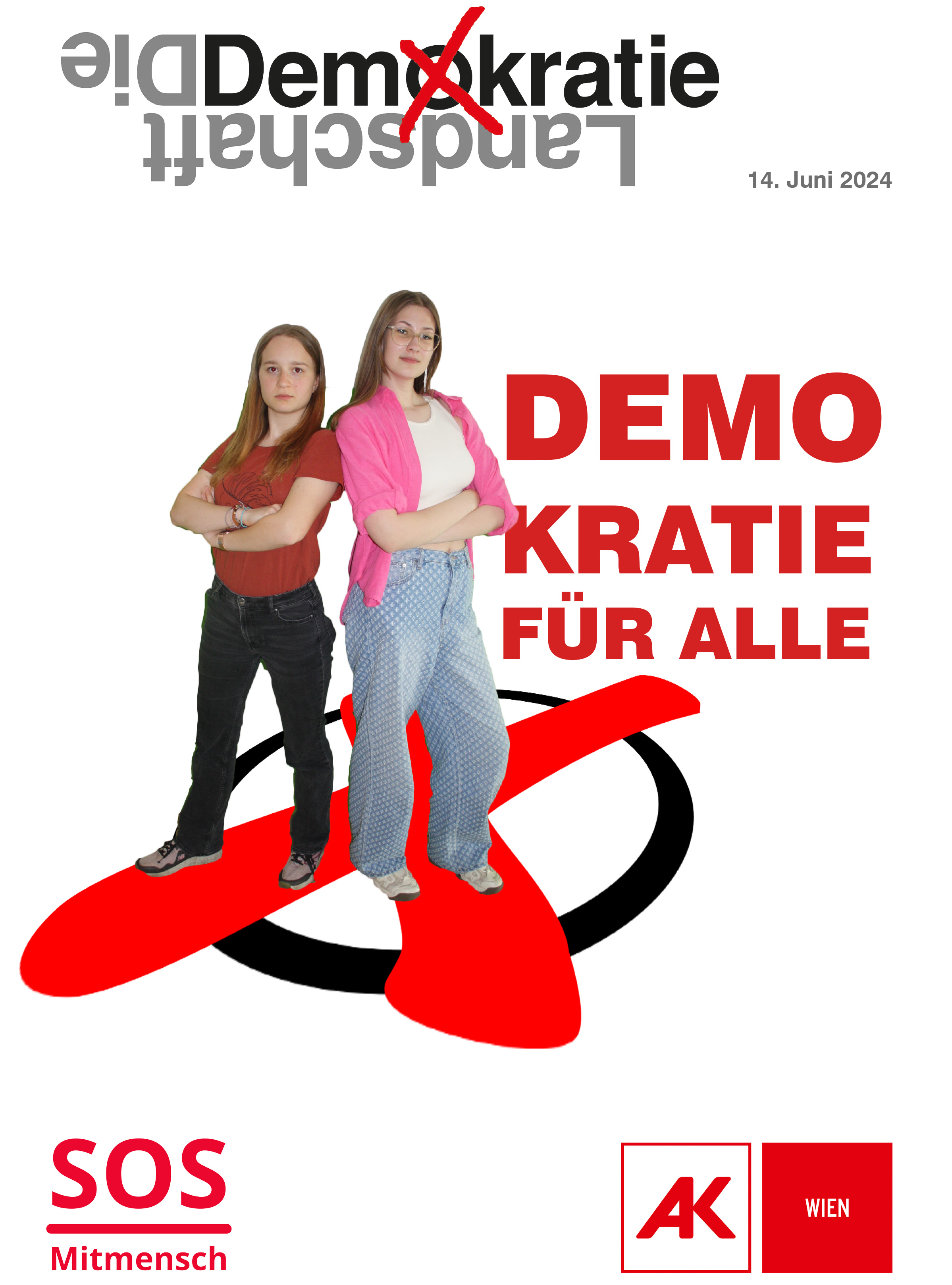 Alt:'Grafik:  Titelblatt  der Zeitung 'Demokratie für Alle', die im Rahmen der Workshops von SOS Mitmensch an der Schule ORG/RG Anton-Krieger-Gasse entstanden ist.
